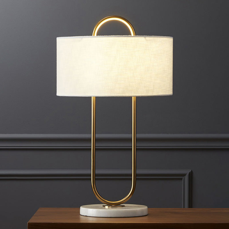 Oblong Shaped Bedside Table Lamp Metallic Modern Night Light with Marble Base and Drum Fabric Shade Clearhalo 'Lamps' 'Table Lamps' Lighting' 2064436