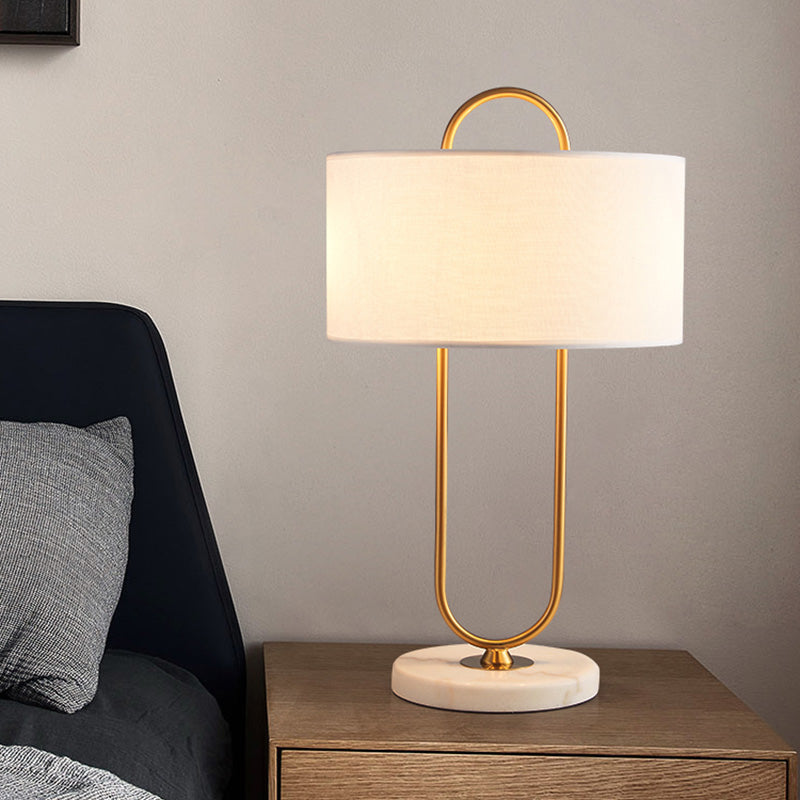 Oblong Shaped Bedside Table Lamp Metallic Modern Night Light with Marble Base and Drum Fabric Shade Clearhalo 'Lamps' 'Table Lamps' Lighting' 2064437