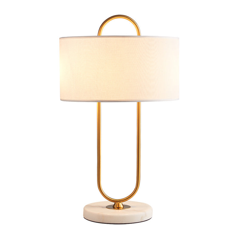 Oblong Shaped Bedside Table Lamp Metallic Modern Night Light with Marble Base and Drum Fabric Shade Clearhalo 'Lamps' 'Table Lamps' Lighting' 2064438