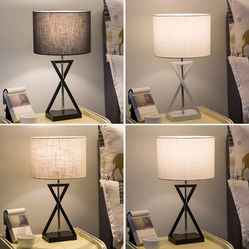 Drum Nightstand Lamp Simplicity Fabric Single Bedside Table Light with Hourglass Shaped Base Clearhalo 'Lamps' 'Table Lamps' Lighting' 2064449