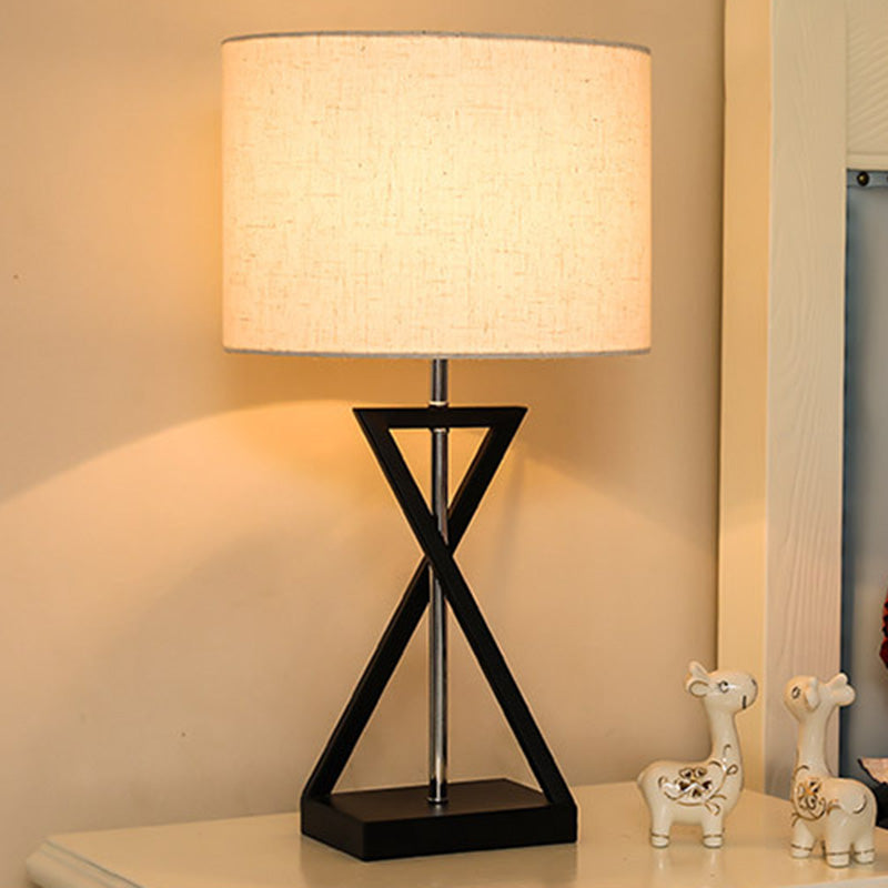 Drum Nightstand Lamp Simplicity Fabric Single Bedside Table Light with Hourglass Shaped Base Black B Clearhalo 'Lamps' 'Table Lamps' Lighting' 2064454