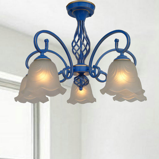 5/6/8 Bulbs Flared Chandelier Light Traditional Frosted Glass Hanging Ceiling Fixture in Blue 5 Blue Clearhalo 'Ceiling Lights' 'Chandeliers' 'Glass shade' 'Glass' Lighting' 206445