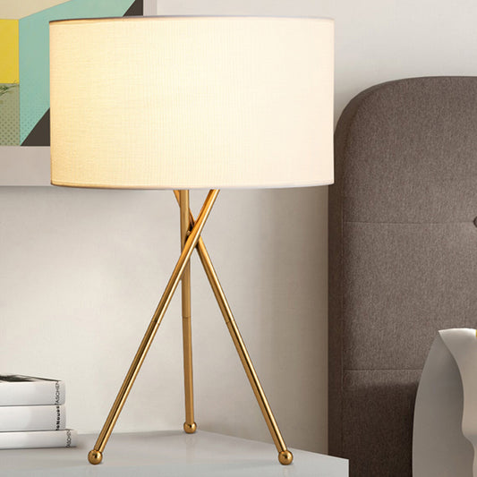 Fabric Drum Shaped Table Lamp Artistic 1 Bulb Nightstand Light with Metallic Tripod White Clearhalo 'Lamps' 'Table Lamps' Lighting' 2064460
