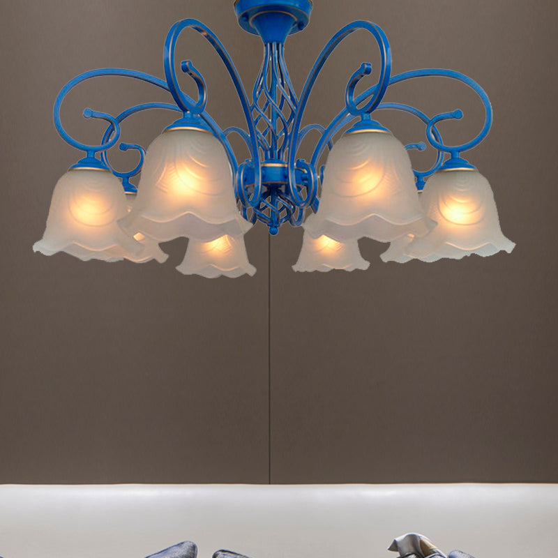 5/6/8 Bulbs Flared Chandelier Light Traditional Frosted Glass Hanging Ceiling Fixture in Blue Clearhalo 'Ceiling Lights' 'Chandeliers' 'Glass shade' 'Glass' Lighting' 206448