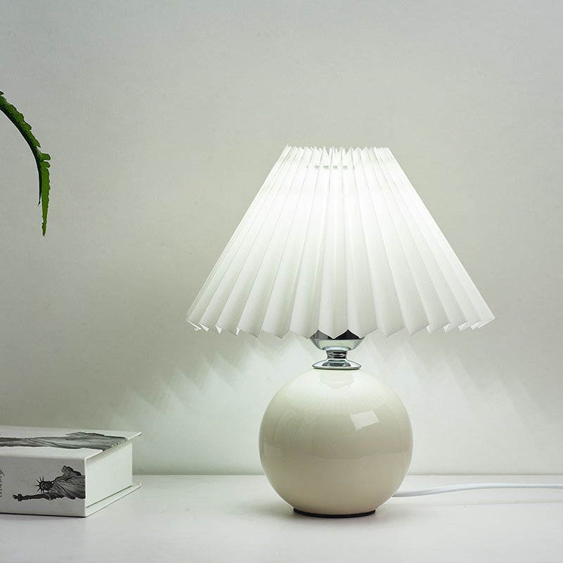 Globe Bedside Table Lamp Ceramic Modern Nightstand Lighting with Conical Pleated Shade White B Clearhalo 'Lamps' 'Table Lamps' Lighting' 2064480