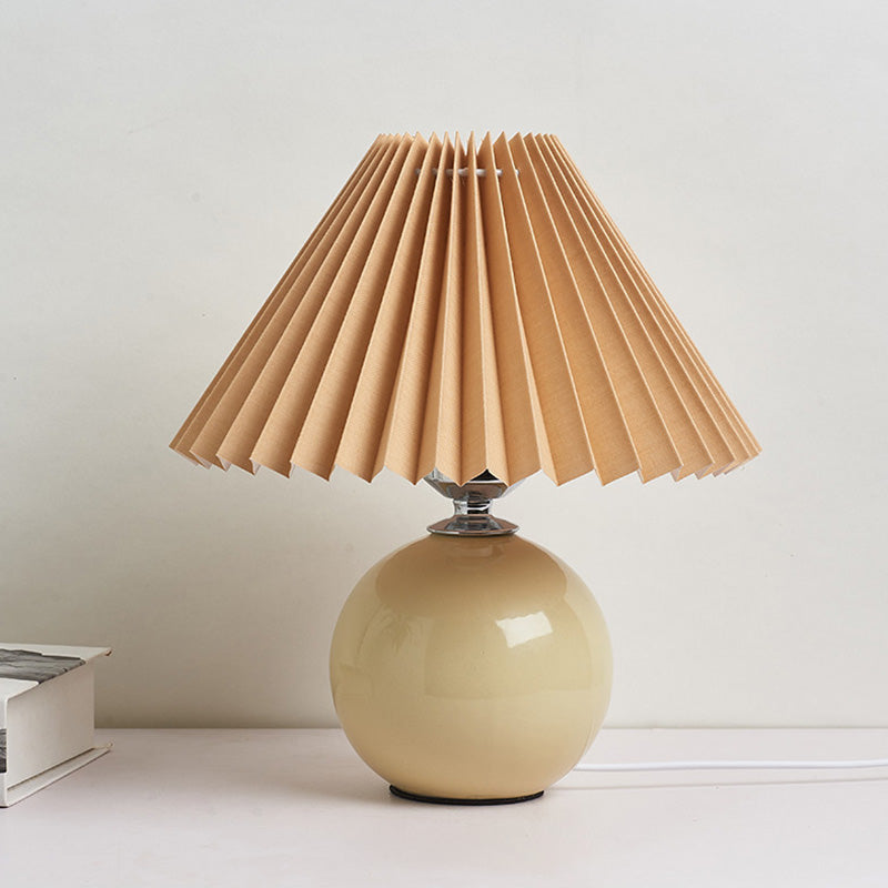 Globe Bedside Table Lamp Ceramic Modern Nightstand Lighting with Conical Pleated Shade Beige C Clearhalo 'Lamps' 'Table Lamps' Lighting' 2064485