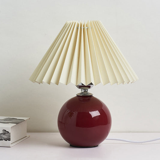 Globe Bedside Table Lamp Ceramic Modern Nightstand Lighting with Conical Pleated Shade Burgundy A Clearhalo 'Lamps' 'Table Lamps' Lighting' 2064486