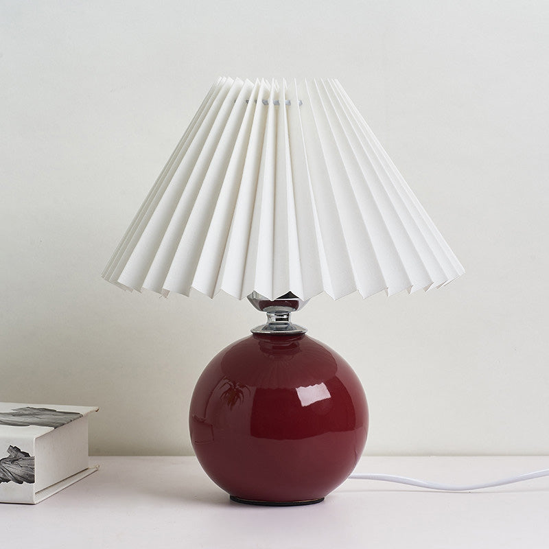 Globe Bedside Table Lamp Ceramic Modern Nightstand Lighting with Conical Pleated Shade Burgundy B Clearhalo 'Lamps' 'Table Lamps' Lighting' 2064487