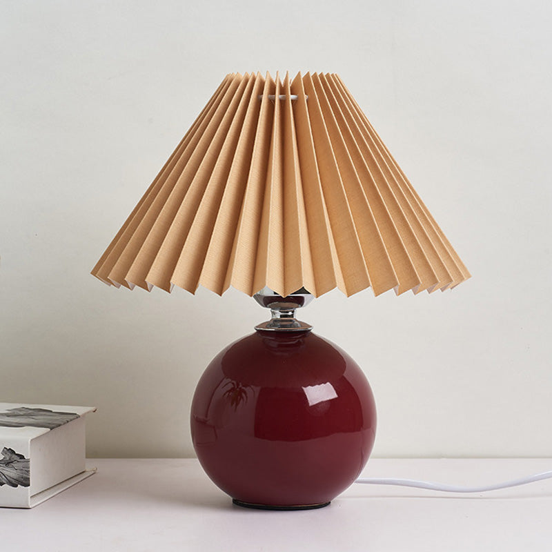 Globe Bedside Table Lamp Ceramic Modern Nightstand Lighting with Conical Pleated Shade Burgundy C Clearhalo 'Lamps' 'Table Lamps' Lighting' 2064488