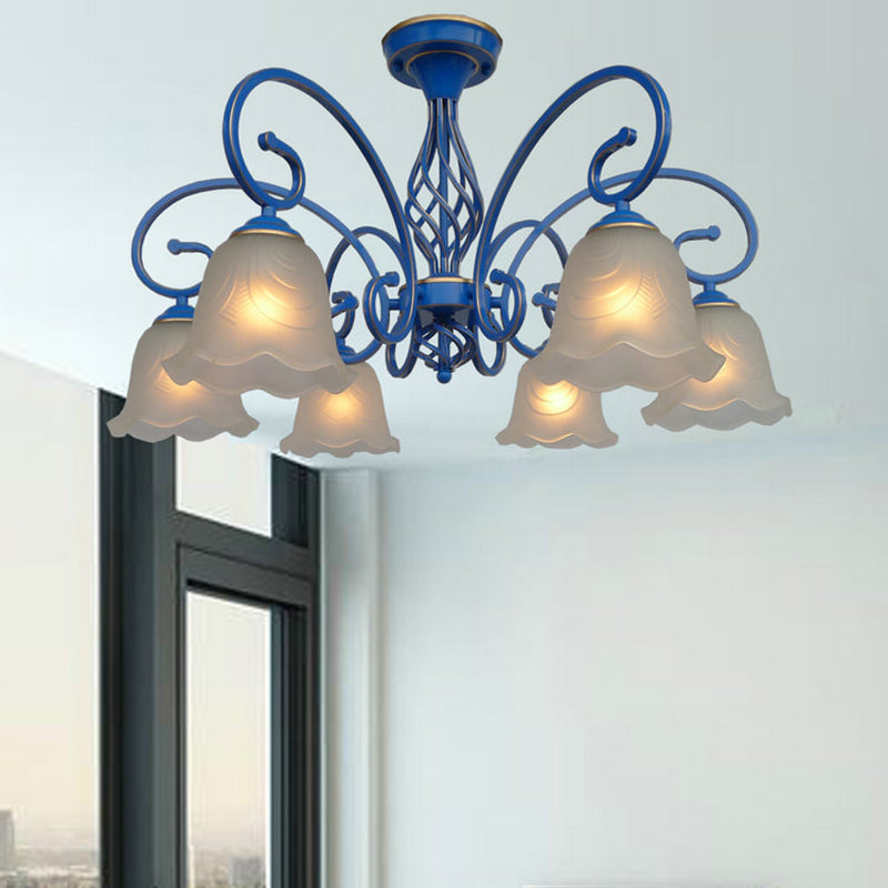 5/6/8 Bulbs Flared Chandelier Light Traditional Frosted Glass Hanging Ceiling Fixture in Blue 6 Blue Clearhalo 'Ceiling Lights' 'Chandeliers' 'Glass shade' 'Glass' Lighting' 206449