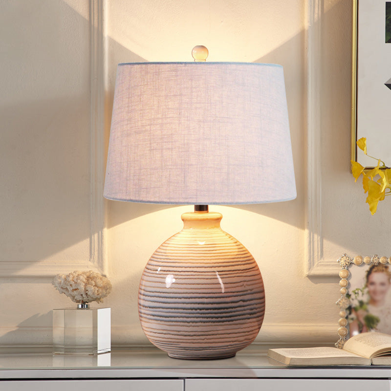 Artistic Tapered Drum Shaped Table Lamp Fabric 1 Bulb Bedside Nightstand Light with Ceramic Base White Clearhalo 'Lamps' 'Table Lamps' Lighting' 2064498