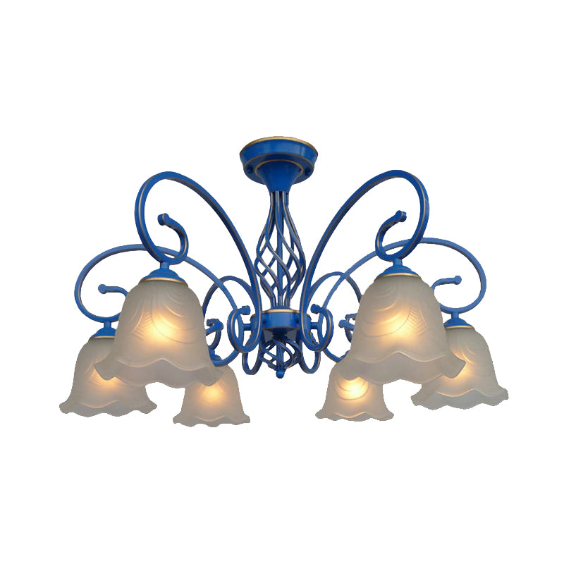 5/6/8 Bulbs Flared Chandelier Light Traditional Frosted Glass Hanging Ceiling Fixture in Blue Clearhalo 'Ceiling Lights' 'Chandeliers' 'Glass shade' 'Glass' Lighting' 206450