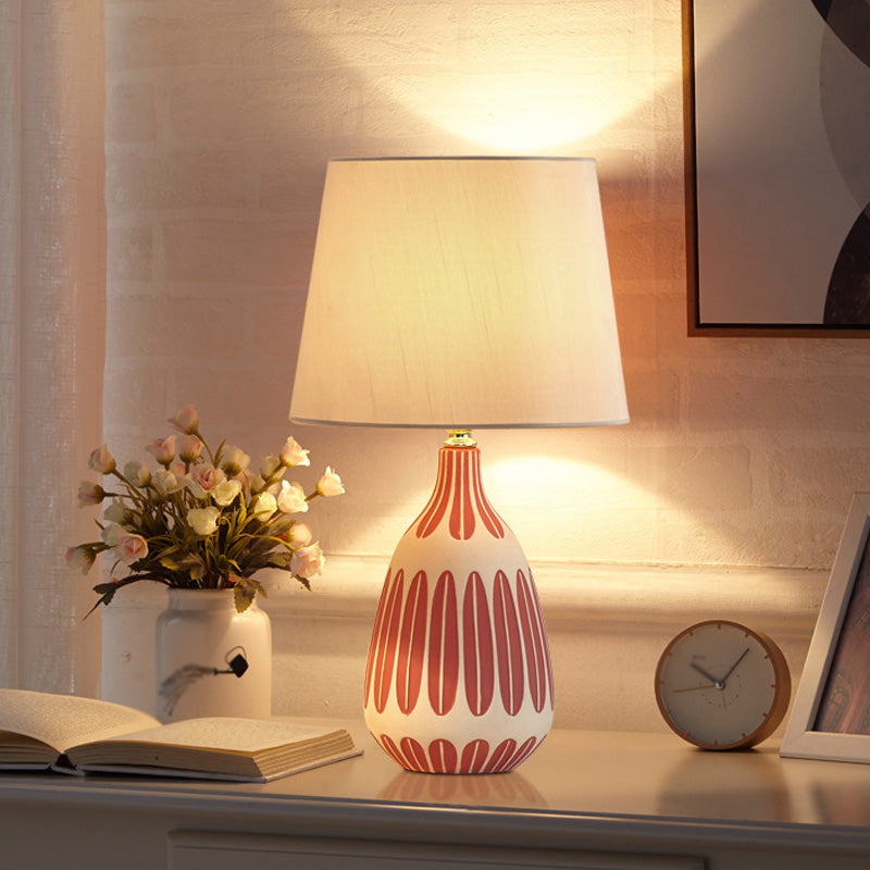 Tapered Shape Table Light Contemporary Fabric 1 Bulb Bedside Nightstand Lamp with Earthenware Base Pink B Clearhalo 'Lamps' 'Table Lamps' Lighting' 2064506