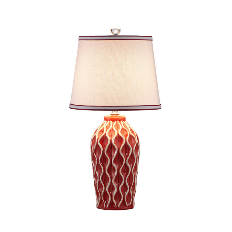 Fabric Conical Shape Table Lamp Nordic Style Single Nightstand Light with Pottery Decor Red Clearhalo 'Lamps' 'Table Lamps' Lighting' 2064521