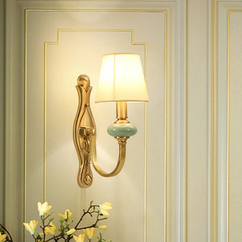 Contemporary Tapered Shape Sconce Fabric Single-Bulb Living Room Wall Light Fixture with Arc Arm in Gold Gold Clearhalo 'Cast Iron' 'Glass' 'Industrial' 'Modern wall lights' 'Modern' 'Tiffany' 'Traditional wall lights' 'Wall Lamps & Sconces' 'Wall Lights' Lighting' 2064523