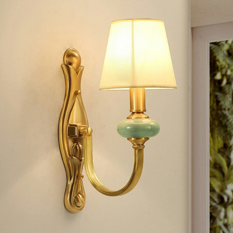 Contemporary Tapered Shape Sconce Fabric Single-Bulb Living Room Wall Light Fixture with Arc Arm in Gold Clearhalo 'Cast Iron' 'Glass' 'Industrial' 'Modern wall lights' 'Modern' 'Tiffany' 'Traditional wall lights' 'Wall Lamps & Sconces' 'Wall Lights' Lighting' 2064524