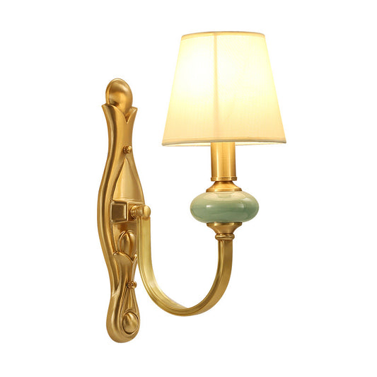Contemporary Tapered Shape Sconce Fabric Single-Bulb Living Room Wall Light Fixture with Arc Arm in Gold Clearhalo 'Cast Iron' 'Glass' 'Industrial' 'Modern wall lights' 'Modern' 'Tiffany' 'Traditional wall lights' 'Wall Lamps & Sconces' 'Wall Lights' Lighting' 2064527