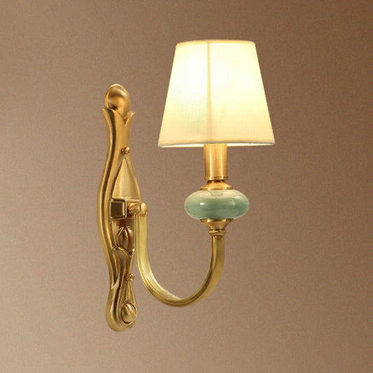 Contemporary Tapered Shape Sconce Fabric Single-Bulb Living Room Wall Light Fixture with Arc Arm in Gold Clearhalo 'Cast Iron' 'Glass' 'Industrial' 'Modern wall lights' 'Modern' 'Tiffany' 'Traditional wall lights' 'Wall Lamps & Sconces' 'Wall Lights' Lighting' 2064528