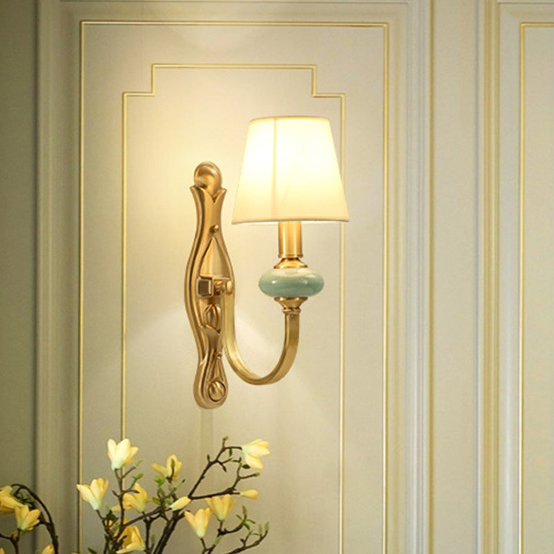 Arc Arm Wall Lighting Simplicity Metal Single Corridor Sconce Light with Cone Fabric Shade in Gold Gold Clearhalo 'Cast Iron' 'Glass' 'Industrial' 'Modern wall lights' 'Modern' 'Tiffany' 'Traditional wall lights' 'Wall Lamps & Sconces' 'Wall Lights' Lighting' 2064529