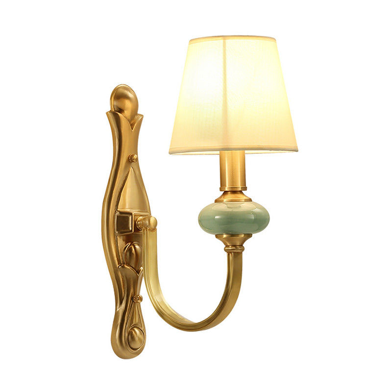 Arc Arm Wall Lighting Simplicity Metal Single Corridor Sconce Light with Cone Fabric Shade in Gold Clearhalo 'Cast Iron' 'Glass' 'Industrial' 'Modern wall lights' 'Modern' 'Tiffany' 'Traditional wall lights' 'Wall Lamps & Sconces' 'Wall Lights' Lighting' 2064533