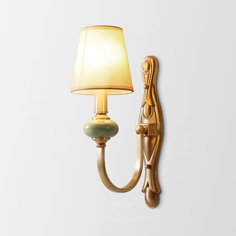 Arc Arm Wall Lighting Simplicity Metal Single Corridor Sconce Light with Cone Fabric Shade in Gold Clearhalo 'Cast Iron' 'Glass' 'Industrial' 'Modern wall lights' 'Modern' 'Tiffany' 'Traditional wall lights' 'Wall Lamps & Sconces' 'Wall Lights' Lighting' 2064534