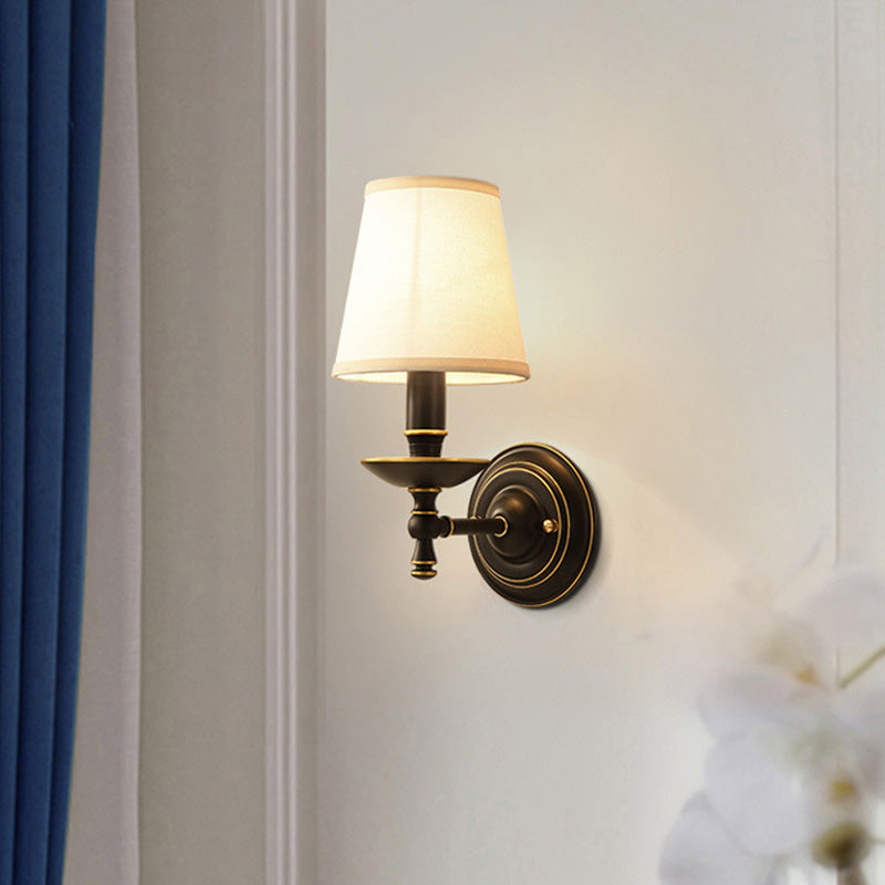 Single-Bulb Wall Sconce Vintage Candlestick Metal Wall Mounted Lamp with Tapered Fabric Shade in Black Black Clearhalo 'Wall Lamps & Sconces' 'Wall Lights' Lighting' 2064547