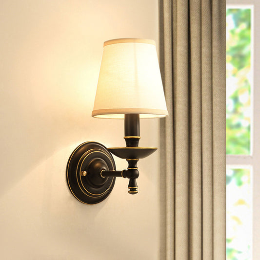 Single-Bulb Wall Sconce Vintage Candlestick Metal Wall Mounted Lamp with Tapered Fabric Shade in Black Clearhalo 'Wall Lamps & Sconces' 'Wall Lights' Lighting' 2064548