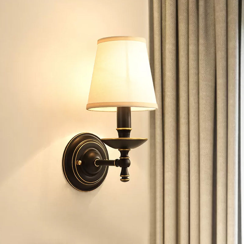 Single-Bulb Wall Sconce Vintage Candlestick Metal Wall Mounted Lamp with Tapered Fabric Shade in Black Clearhalo 'Wall Lamps & Sconces' 'Wall Lights' Lighting' 2064549