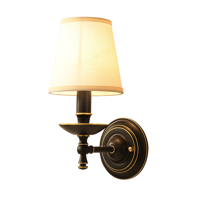 Single-Bulb Wall Sconce Vintage Candlestick Metal Wall Mounted Lamp with Tapered Fabric Shade in Black Clearhalo 'Wall Lamps & Sconces' 'Wall Lights' Lighting' 2064551