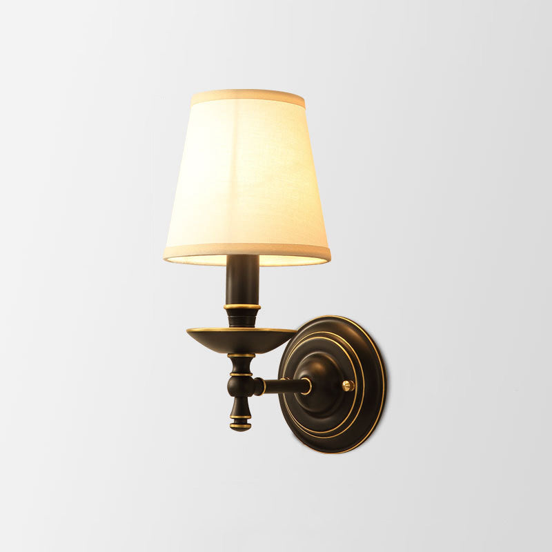 Single-Bulb Wall Sconce Vintage Candlestick Metal Wall Mounted Lamp with Tapered Fabric Shade in Black Clearhalo 'Wall Lamps & Sconces' 'Wall Lights' Lighting' 2064552