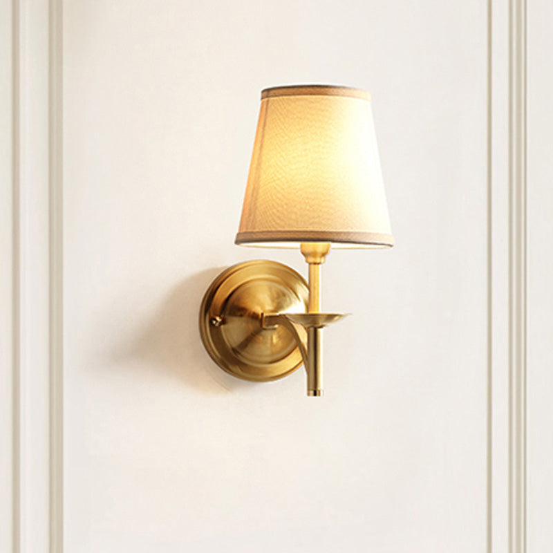 Candelabra Metal Wall Sconce Minimalism 1-Light Living Room Wall Mounted Light with Cone Fabric Shade in Gold Clearhalo 'Wall Lamps & Sconces' 'Wall Lights' Lighting' 2064554