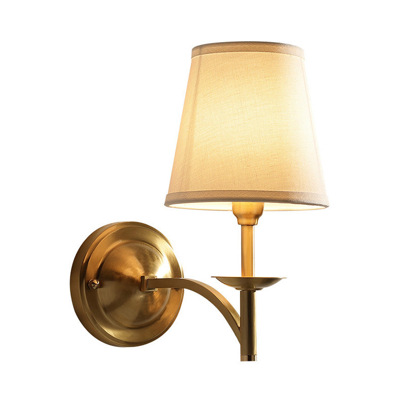 Candelabra Metal Wall Sconce Minimalism 1-Light Living Room Wall Mounted Light with Cone Fabric Shade in Gold Clearhalo 'Wall Lamps & Sconces' 'Wall Lights' Lighting' 2064557