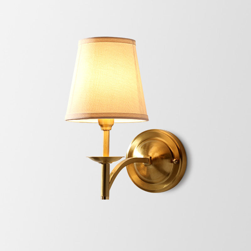 Candelabra Metal Wall Sconce Minimalism 1-Light Living Room Wall Mounted Light with Cone Fabric Shade in Gold Clearhalo 'Wall Lamps & Sconces' 'Wall Lights' Lighting' 2064558