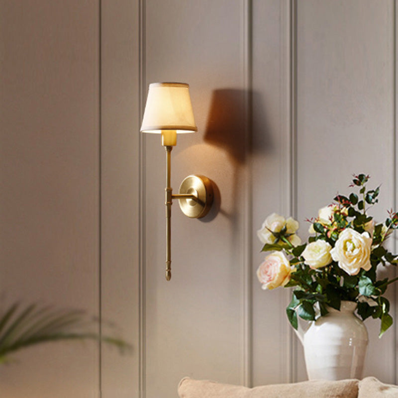 Fabric Empire Shade Wall Lighting Fixture Simplicity Bedroom Wall Sconce Lamp with Elongated Arm in Gold 1.0 Gold Clearhalo 'Wall Lamps & Sconces' 'Wall Lights' Lighting' 2064559