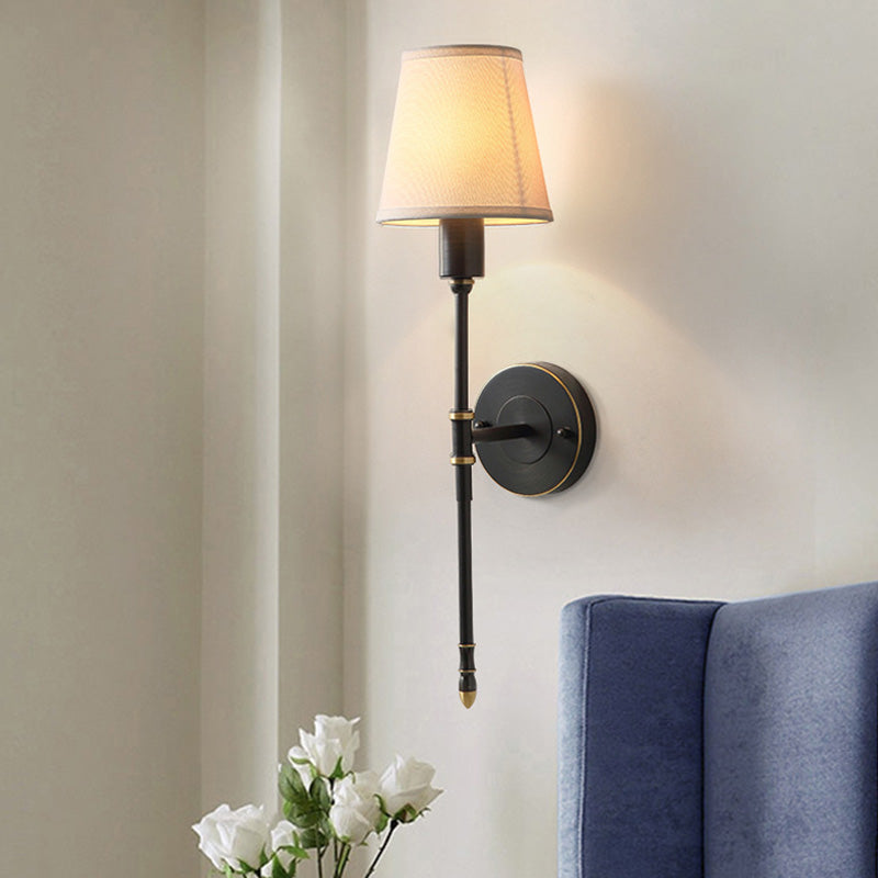 1 Bulb Metallic Sconce Traditional Black Elongated Bedside Wall Light Fixture with Tapered Fabric Shade Black Clearhalo 'Wall Lamps & Sconces' 'Wall Lights' Lighting' 2064571