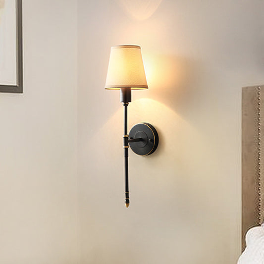 1 Bulb Metallic Sconce Traditional Black Elongated Bedside Wall Light Fixture with Tapered Fabric Shade Clearhalo 'Wall Lamps & Sconces' 'Wall Lights' Lighting' 2064572