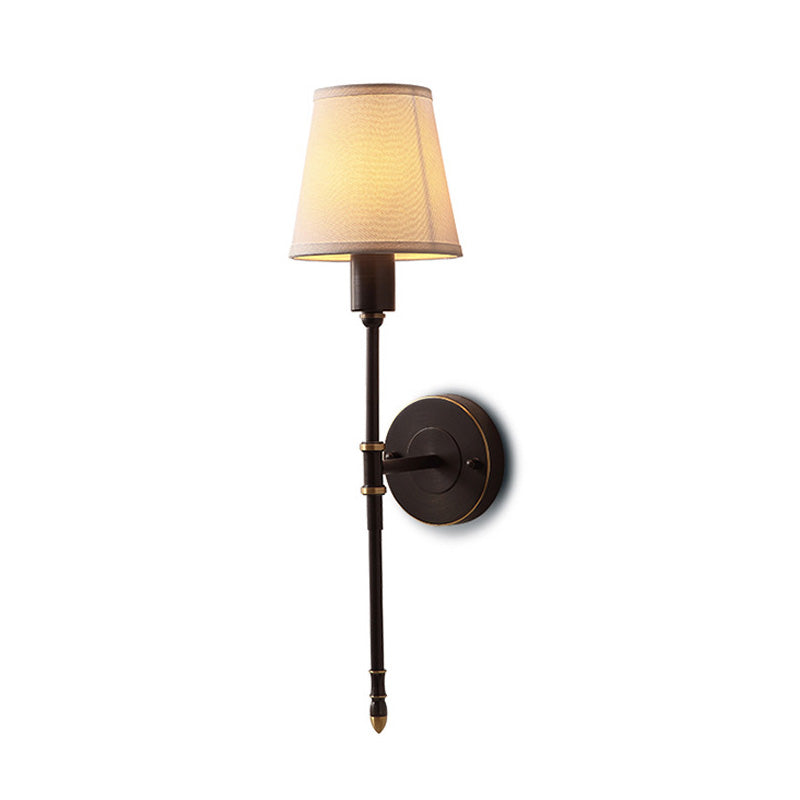 1 Bulb Metallic Sconce Traditional Black Elongated Bedside Wall Light Fixture with Tapered Fabric Shade Clearhalo 'Wall Lamps & Sconces' 'Wall Lights' Lighting' 2064575