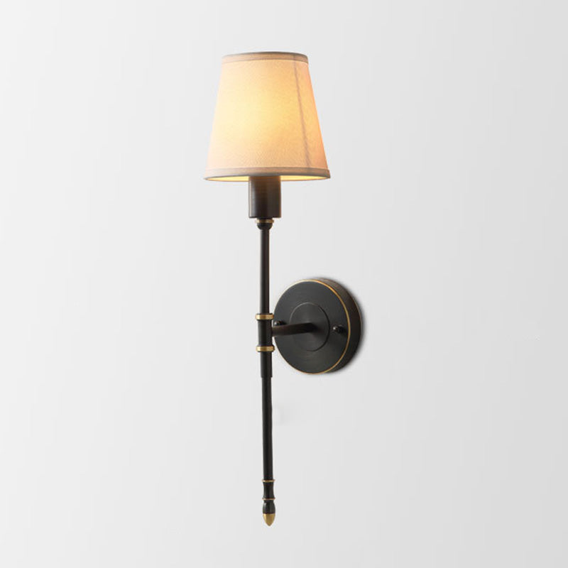 1 Bulb Metallic Sconce Traditional Black Elongated Bedside Wall Light Fixture with Tapered Fabric Shade Clearhalo 'Wall Lamps & Sconces' 'Wall Lights' Lighting' 2064576