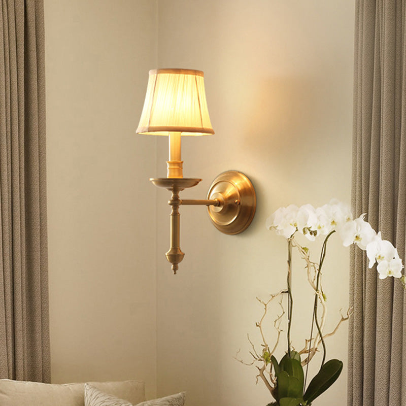 Candlestick Living Room Wall Lighting Vintage Metal Single Gold Sconce Light with Empire Fabric Shade Gold Clearhalo 'Wall Lamps & Sconces' 'Wall Lights' Lighting' 2064577