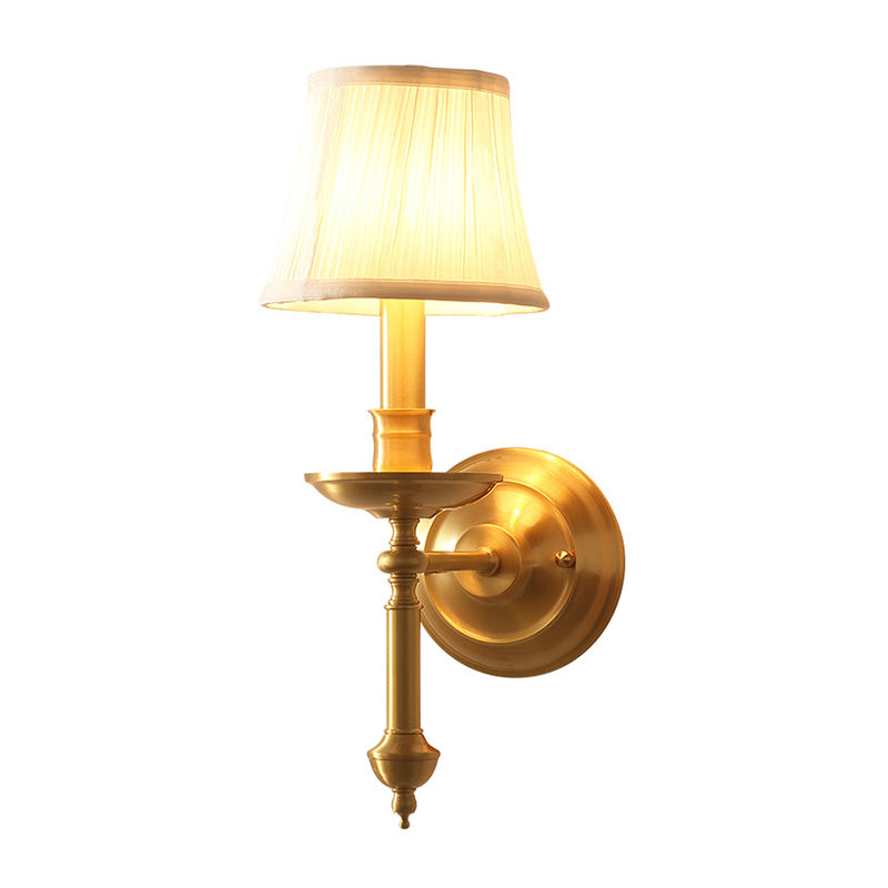 Candlestick Living Room Wall Lighting Vintage Metal Single Gold Sconce Light with Empire Fabric Shade Clearhalo 'Wall Lamps & Sconces' 'Wall Lights' Lighting' 2064581
