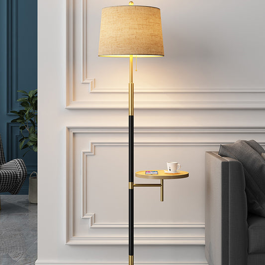 Fabric Empire Shade Floor Lamp Traditional Single Living Room Pull Chain Standing Light with Wooden Tray in Gold-Black Clearhalo 'Floor Lamps' 'Lamps' Lighting' 2064607