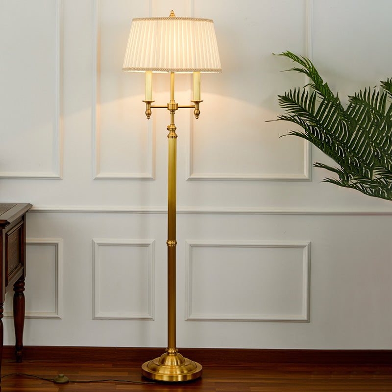 Gold Candelabra Standing Light Vintage Metallic 2 Bulbs Living Room Floor Lamp with Pleated Empire Shade Gold Clearhalo 'Floor Lamps' 'Lamps' Lighting' 2064612