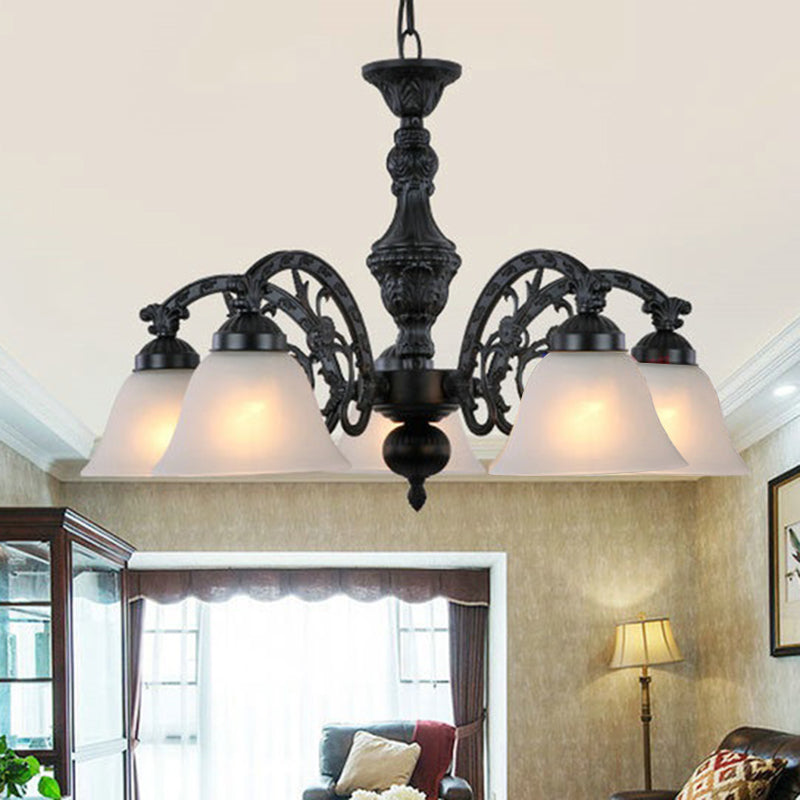 Frosted Glass Black/Bronze Pendant Lamp Bell 5 Lights Traditional Chandelier Light Fixture Black Clearhalo 'Ceiling Lights' 'Chandeliers' 'Glass shade' 'Glass' Lighting' 206462