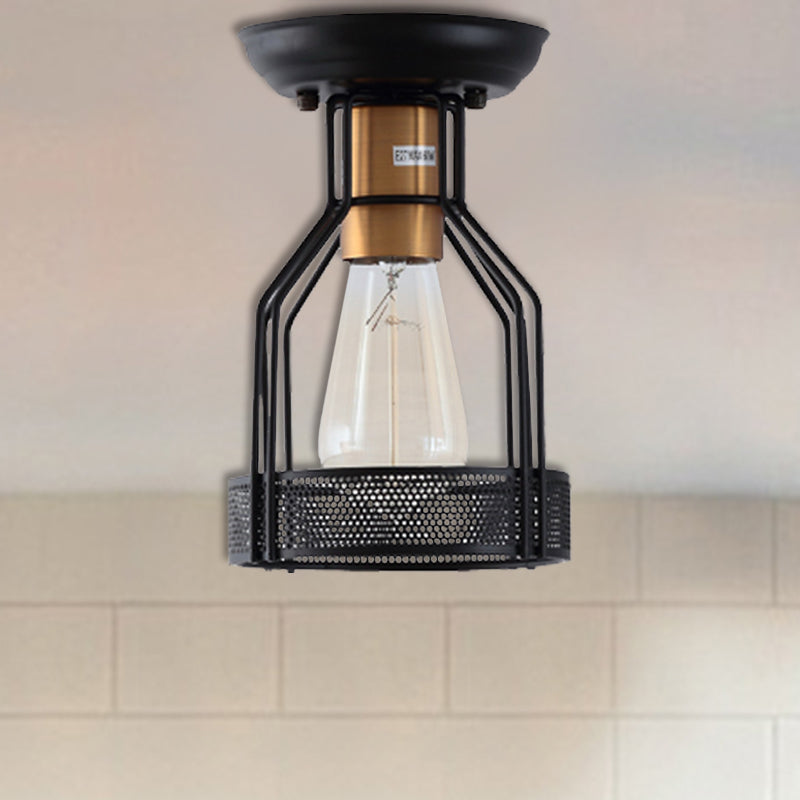Single Bulb Semi Flush Mount Industrial Caged Metal Ceiling Light in Black with Wire Mesh Clearhalo 'Ceiling Lights' 'Close To Ceiling Lights' 'Close to ceiling' 'Semi-flushmount' Lighting' 206465