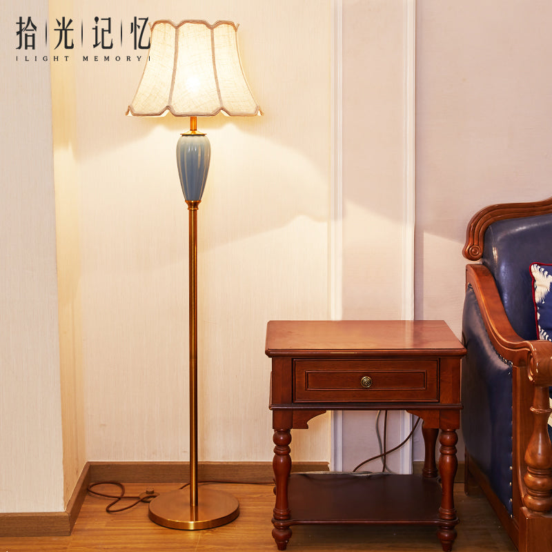 1 Head Stand Up Lamp Classic Tapered Shade Fabric Floor Lighting in Gold for Living Room Gold Ceramic C Clearhalo 'Floor Lamps' 'Lamps' Lighting' 2064655