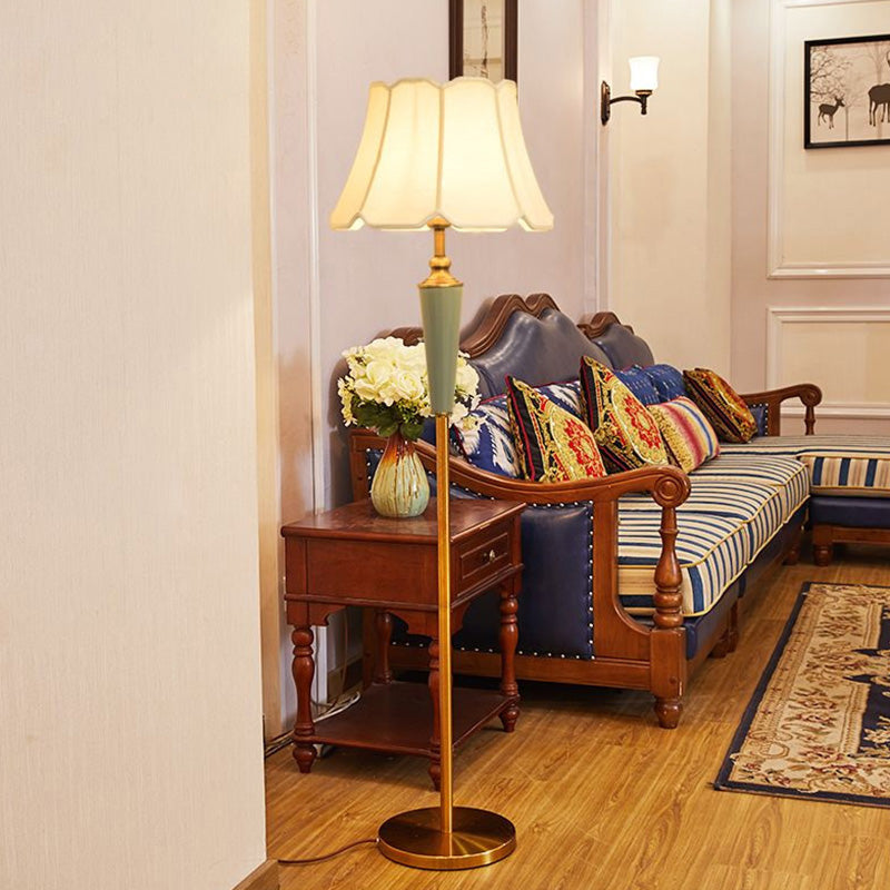 1 Head Stand Up Lamp Classic Tapered Shade Fabric Floor Lighting in Gold for Living Room Gold Ceramic A Clearhalo 'Floor Lamps' 'Lamps' Lighting' 2064657