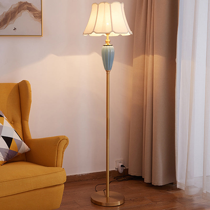 1 Head Stand Up Lamp Classic Tapered Shade Fabric Floor Lighting in Gold for Living Room Gold Brass C Clearhalo 'Floor Lamps' 'Lamps' Lighting' 2064663