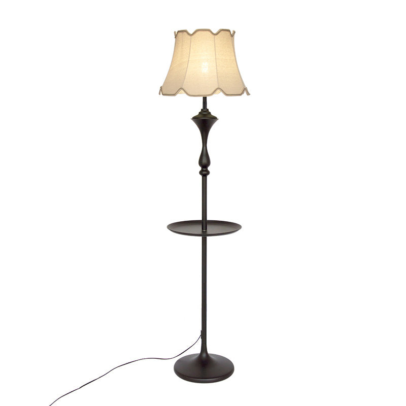 Bell Shaped Fabric Floor Lamp Traditional Single-Bulb Living Room Standing Light with Scalloped Trim Flaxen with Tray Clearhalo 'Floor Lamps' 'Lamps' Lighting' 2064672