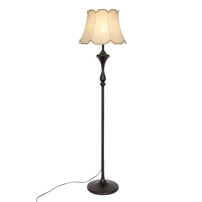 Bell Shaped Fabric Floor Lamp Traditional Single-Bulb Living Room Standing Light with Scalloped Trim Flaxen without Tray Clearhalo 'Floor Lamps' 'Lamps' Lighting' 2064673