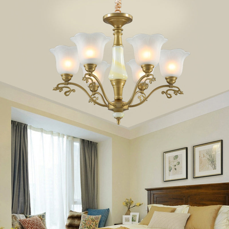 3/6/8 Light Frosted Glass Hanging Chandelier Traditional Brass Scalloped Living Room Pendant Light Fixture 6 Brass Clearhalo 'Ceiling Lights' 'Chandeliers' 'Glass shade' 'Glass' Lighting' 206469